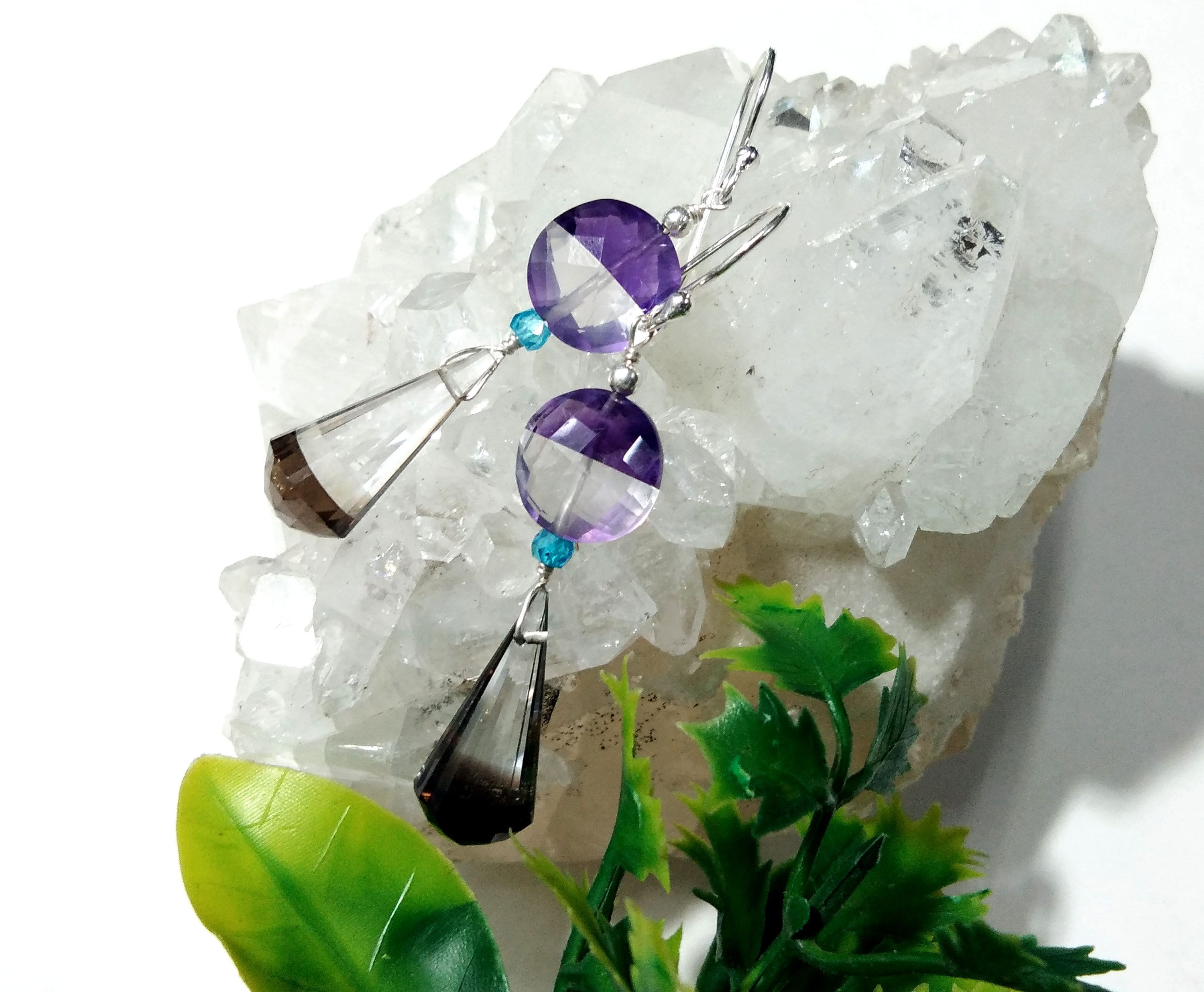 Natural Color Doublet Gemstone Amethyst, Crystal & Smoky Quartz Multi Stone Earrings, With 925 Silver Jewelry For Gifts Girls/Women