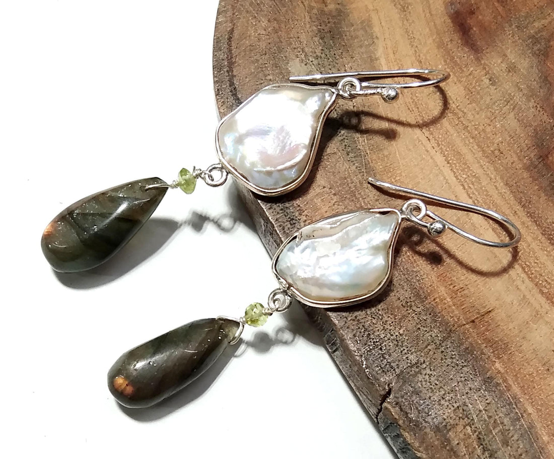 Natural Fresh Water Baroque Pearl/Labradorite Stone Drop Earring, 925 Solid Starling SilverJewelry Earring, Gemstone Gift Wedding Earring