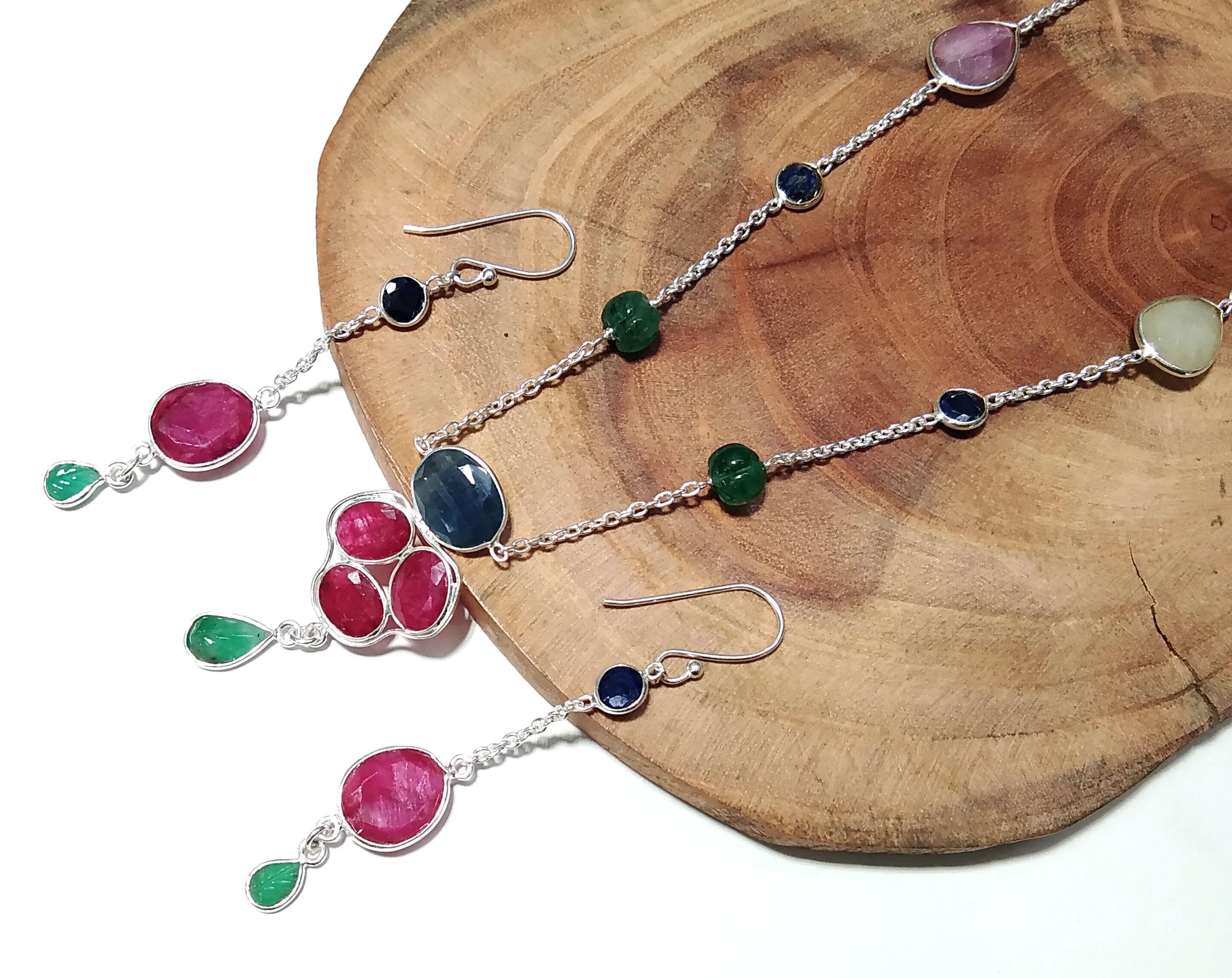 Natural Red Ruby/Multi Tourmaline Gemstone Necklace Earring Jewelry Set, 925 Sterling Silver Necklace Earring Jewelry Gift For Girls & Women