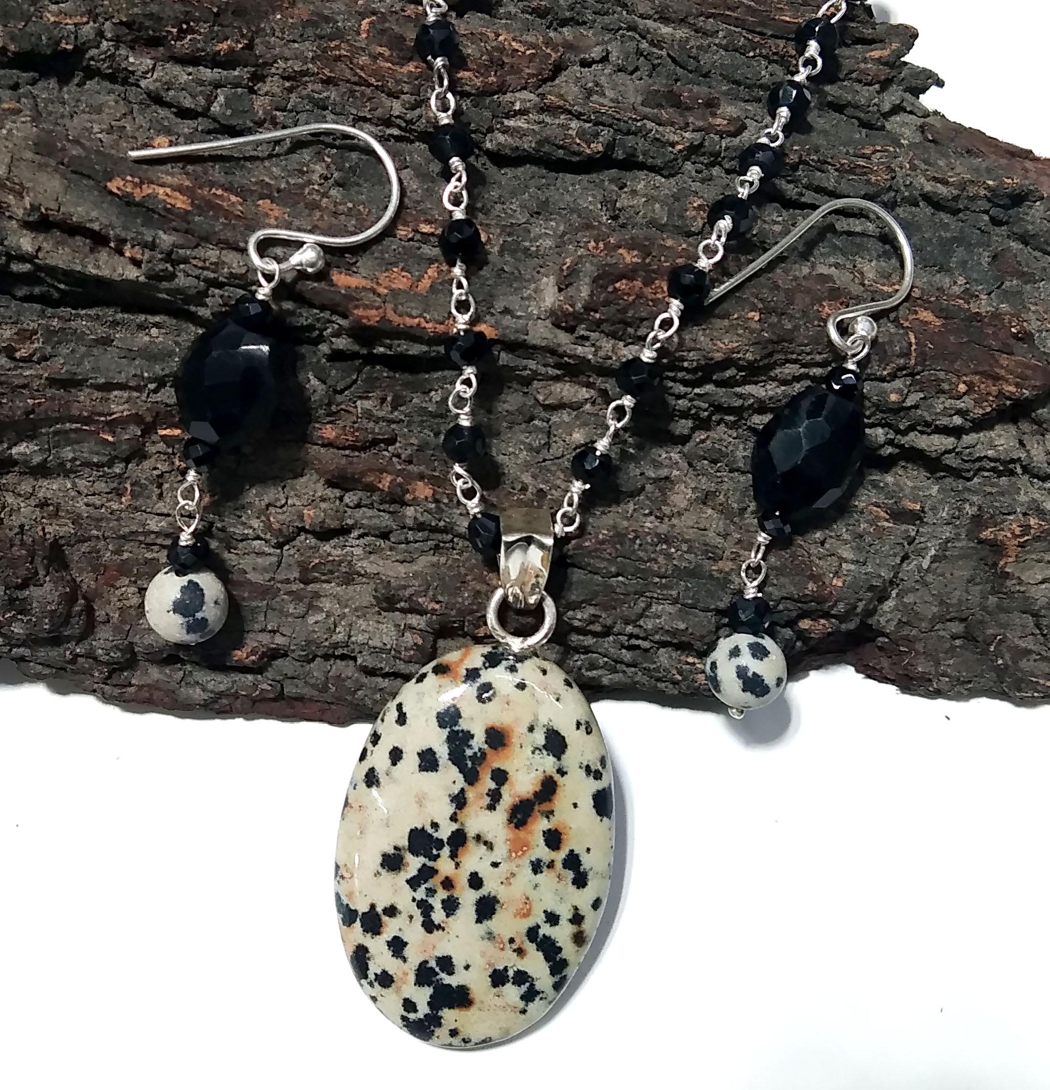 Natural Dalmatian Jasper/Black Onyx Necklace Earring Jewelry Set, 925 Sterling Silver Necklace Gemstone Necklace Statement For Gift Jewelry