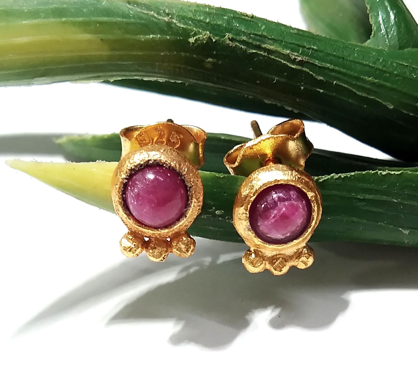 Red Ruby Studs Earring, 925 Sterling Silver Gold Plated Earring, Natural Red Ruby Studs Earring, Unique Studs Earring, Gift For Girls/Women