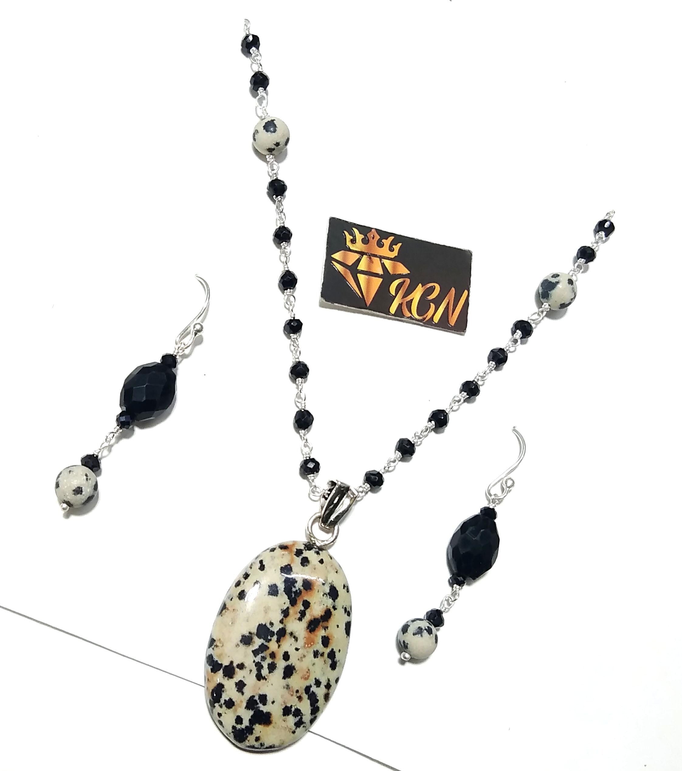 Natural Dalmatian Jasper/Black Onyx Necklace Earring Jewelry Set, 925 Sterling Silver Necklace Gemstone Necklace Statement For Gift Jewelry