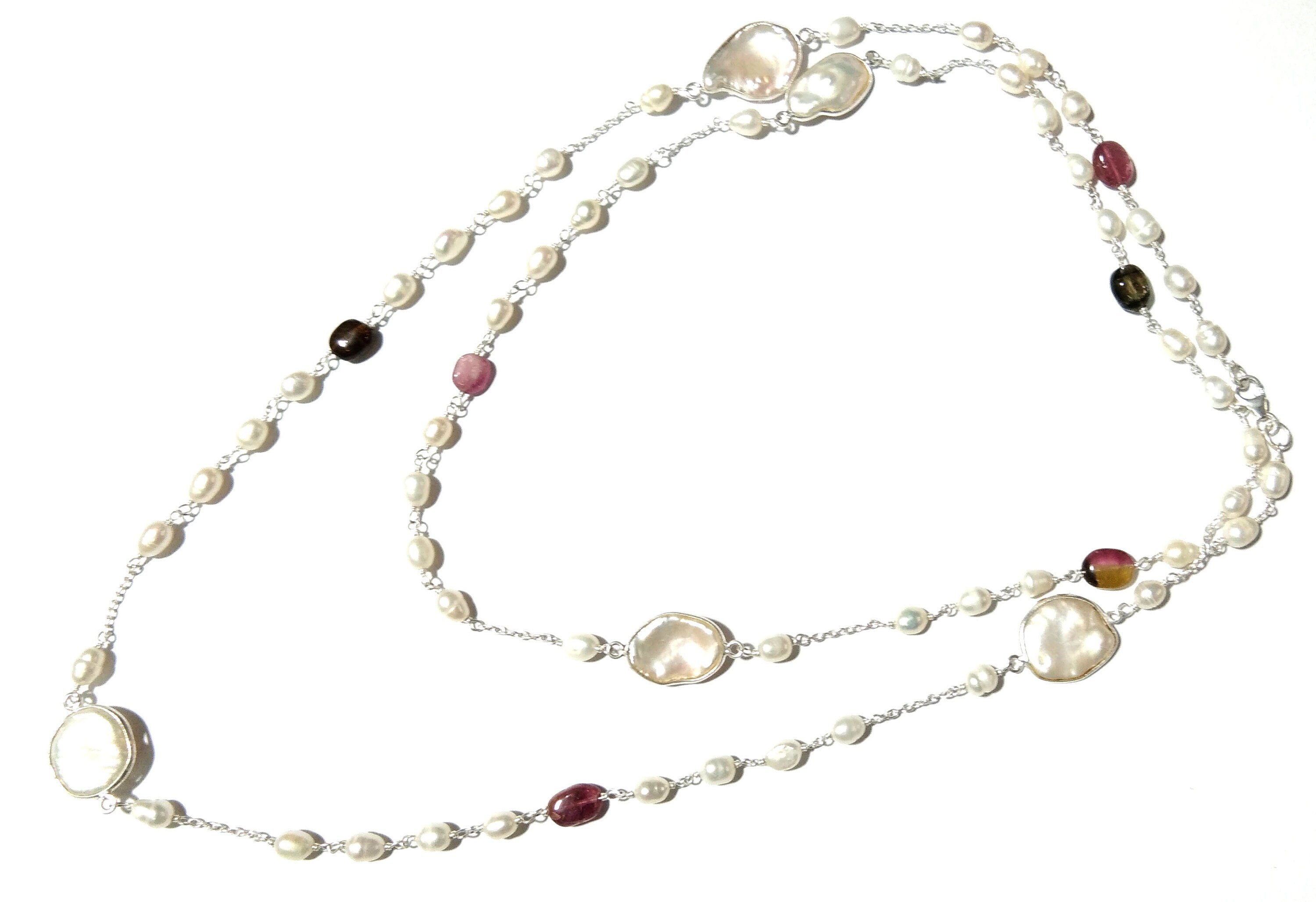 Log Chain Necklace ! Natural Pearl & Tourmaline Beaded Necklace, 925 Starling Silver Log Necklace, 36''Inches Length.