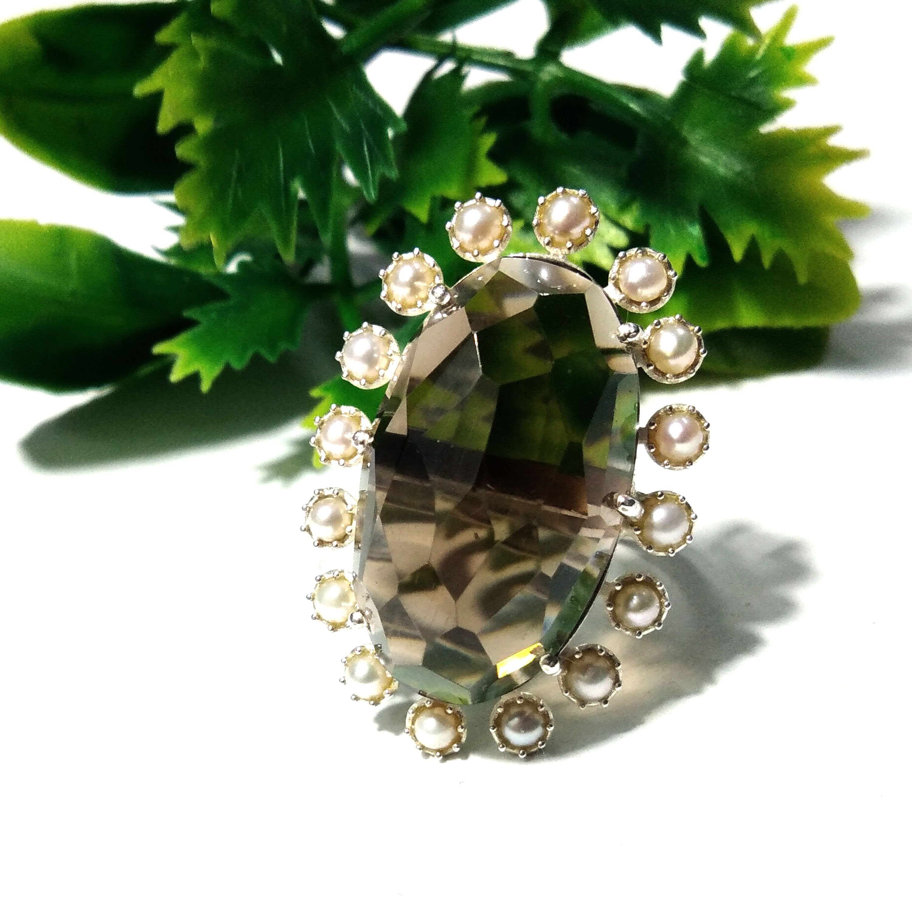 Natural Smoky Quartz,Freshwater Pearl Gemstone Ring, 925 Solid Starling Silver Ring, Jewelry Stone Size 24x14mm Statement Ring Birthday Ring