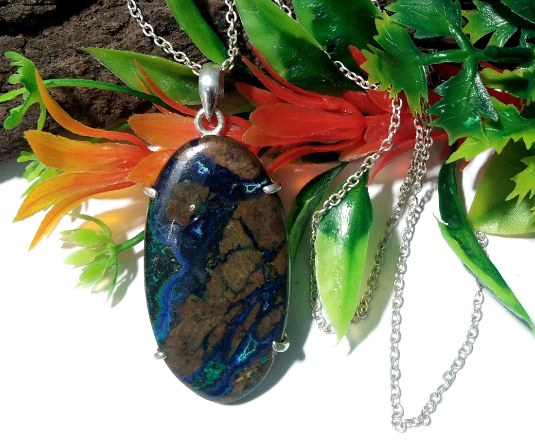 Natural Azurite Malachite Gemstone Chain Pendant Necklace, 925 Sterling Silver Pendant Jewelry Handmade Pendant Necklace & Easter Pendant
