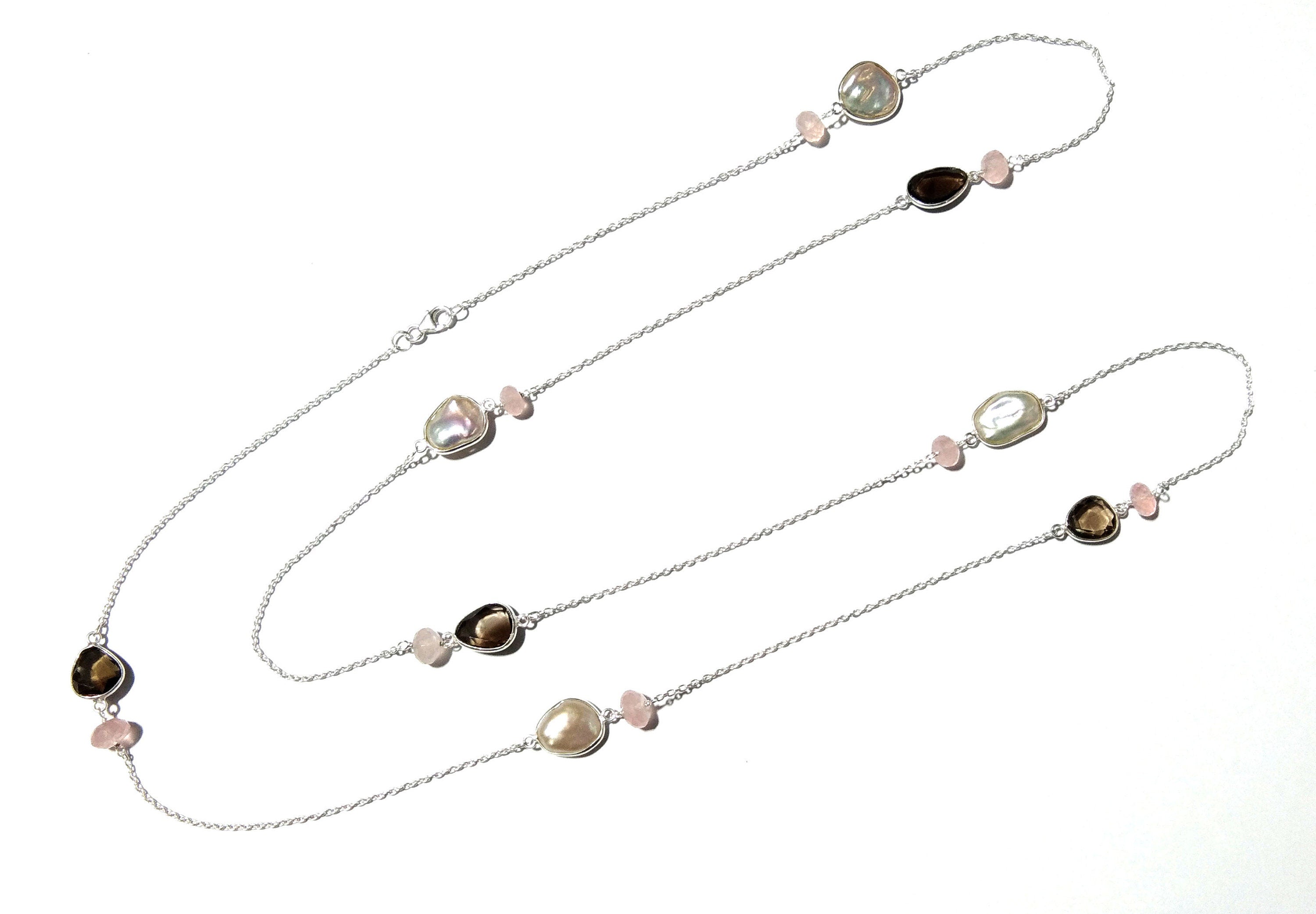 Very Beautiful Log Necklace ! Natural Gemstone Smoky Quartz, Rose Quartz & Pearl Log Beaded Necklace With 925 Starling Silver Length 40 inch