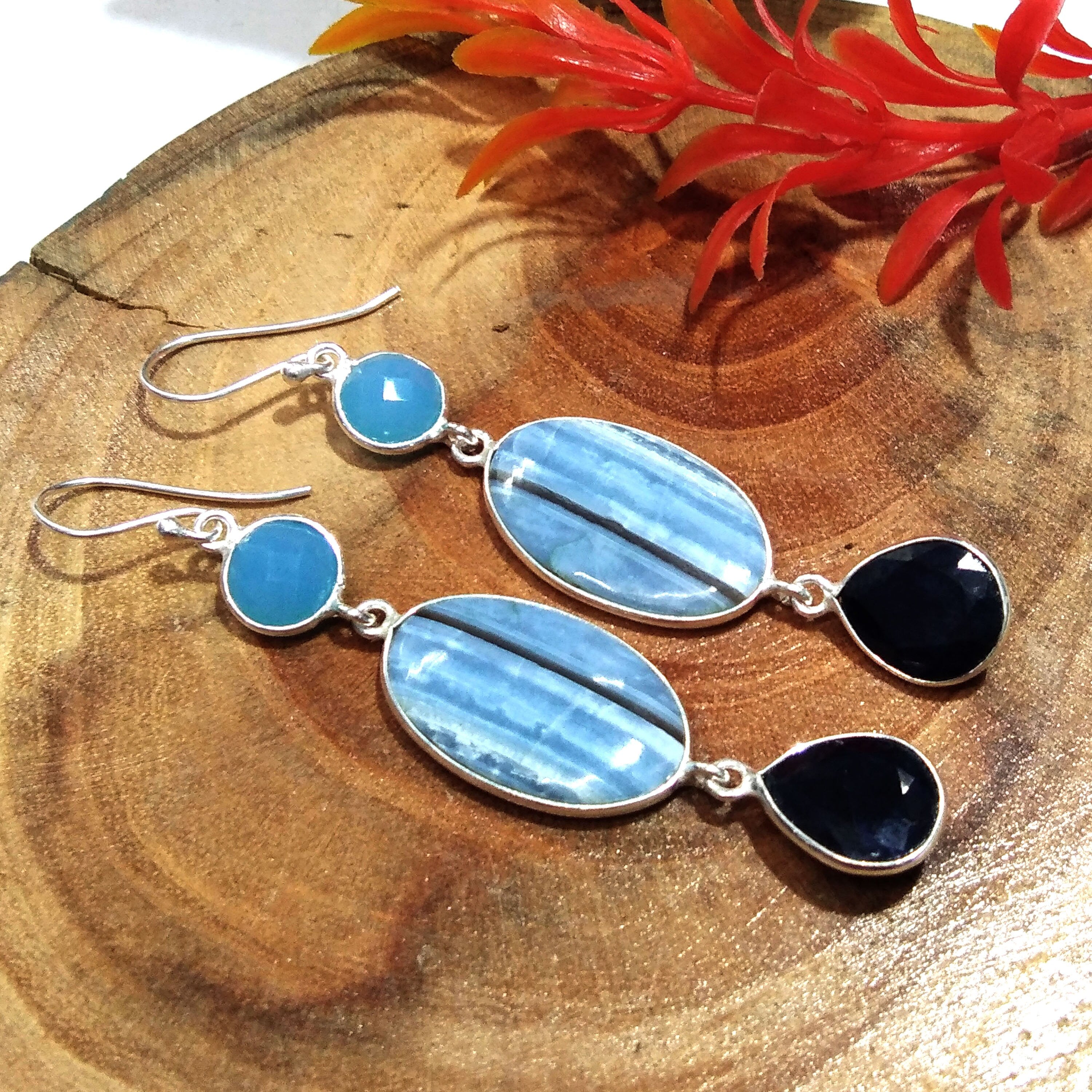 Natural Blue Opal, Blue Sapphire Gemstone Earring, 925 Solid Starling Silver Earring, Handmade Silver Jewelry Stone Earring, Gift Birthday