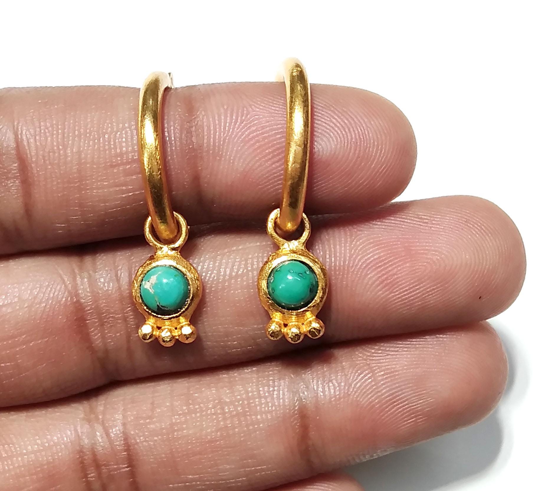 Natural Tibetan Turquoise Earring, 925 Solid Sterling Silver Gold Plated Earring, Tibetan Turquoise Hoop Earring, For Gift Birthday Earring