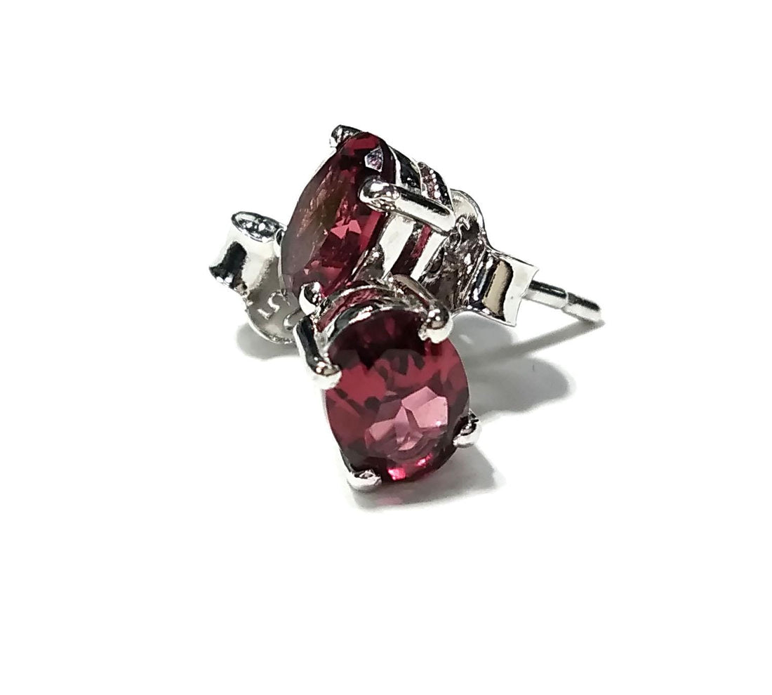 Natural Garnet Stud Earrings, 925 Starling Silver Earring Jewelry, Red Garnet Gemstone Oval Shape Stone Size 7x5 mm Christmas Gift For Her