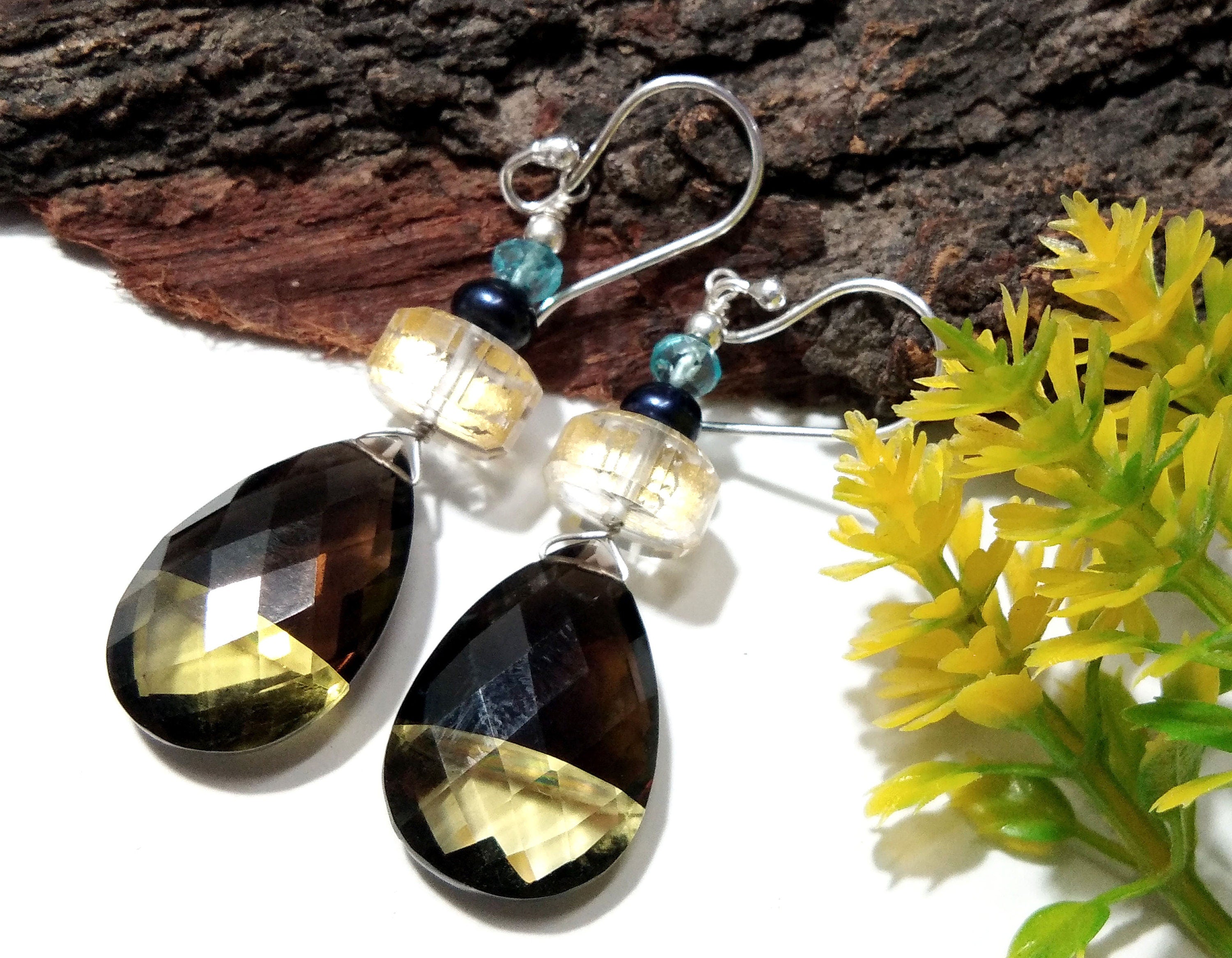 Natural Doublet Gemstone Lemon & Smoky Quartz Multi Stone Earrings, With 925 Starling Silver Jewelry Earrings, For Gifts Girls/Women