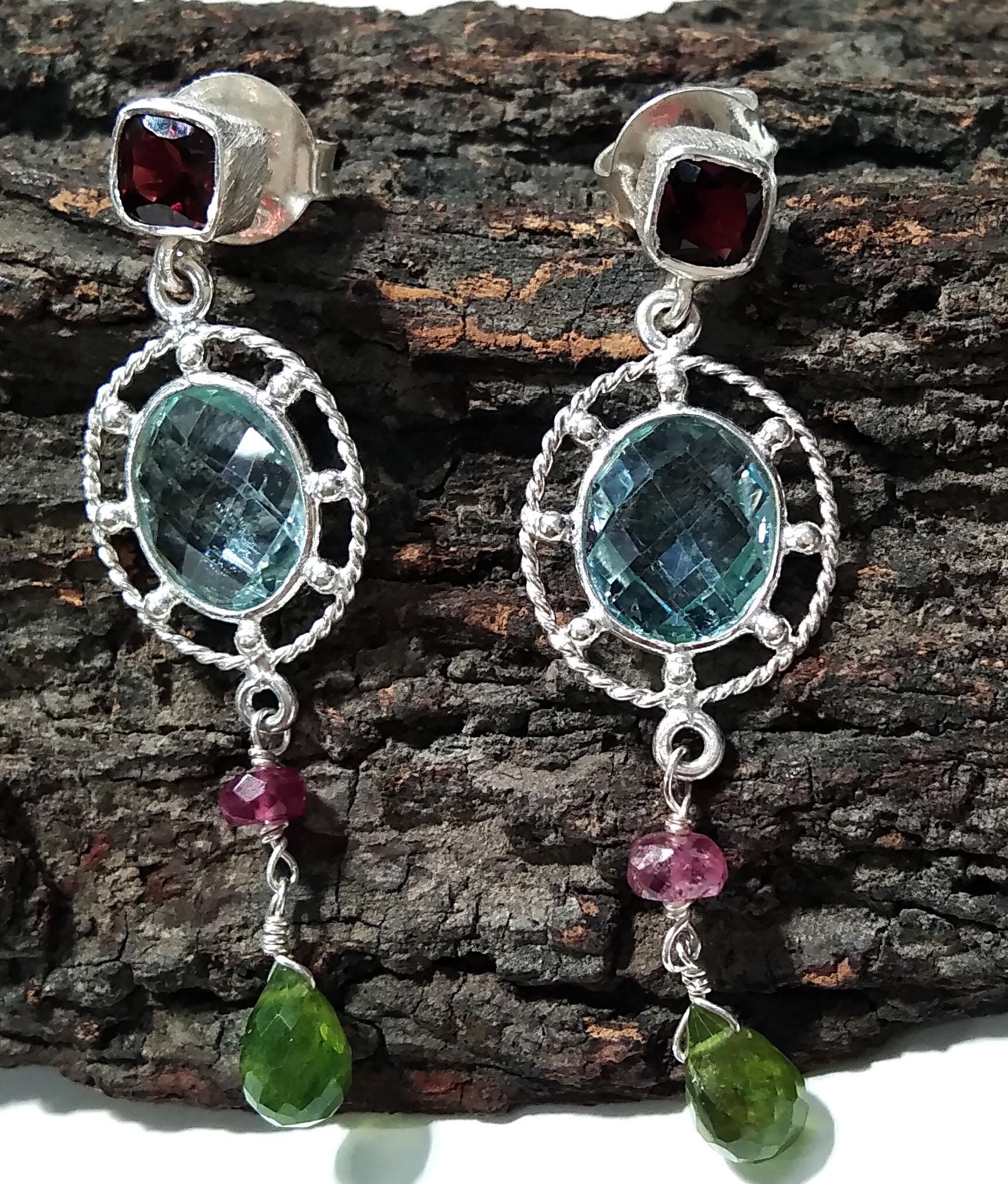 Blue Topaz Earring ! 925 Starling Silver Jewelry, Multi Gemstone Earring, Beautiful Nice Design Handmade Earring, For Gift Girls & Women.