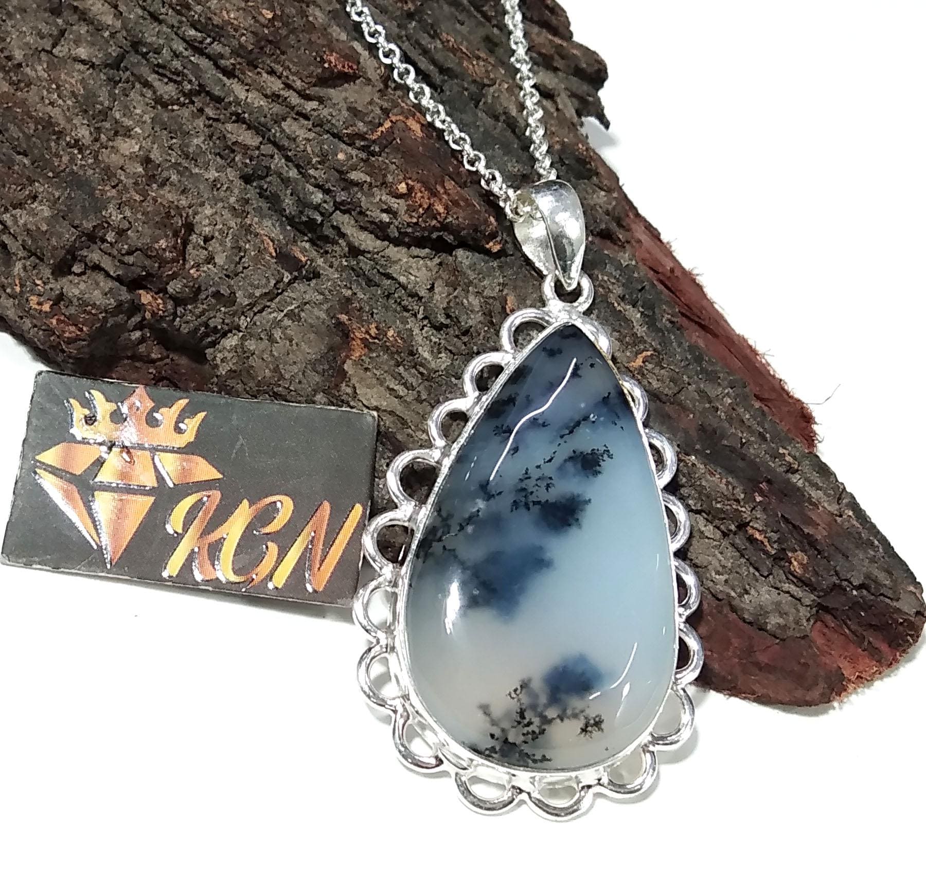 Amazing Design Dendrite Opal Gemstone Pendant, 925 Sterling Silver Pendant, Natural Dendrite Stone Pendant Chain Necklace ,For Girls & Women