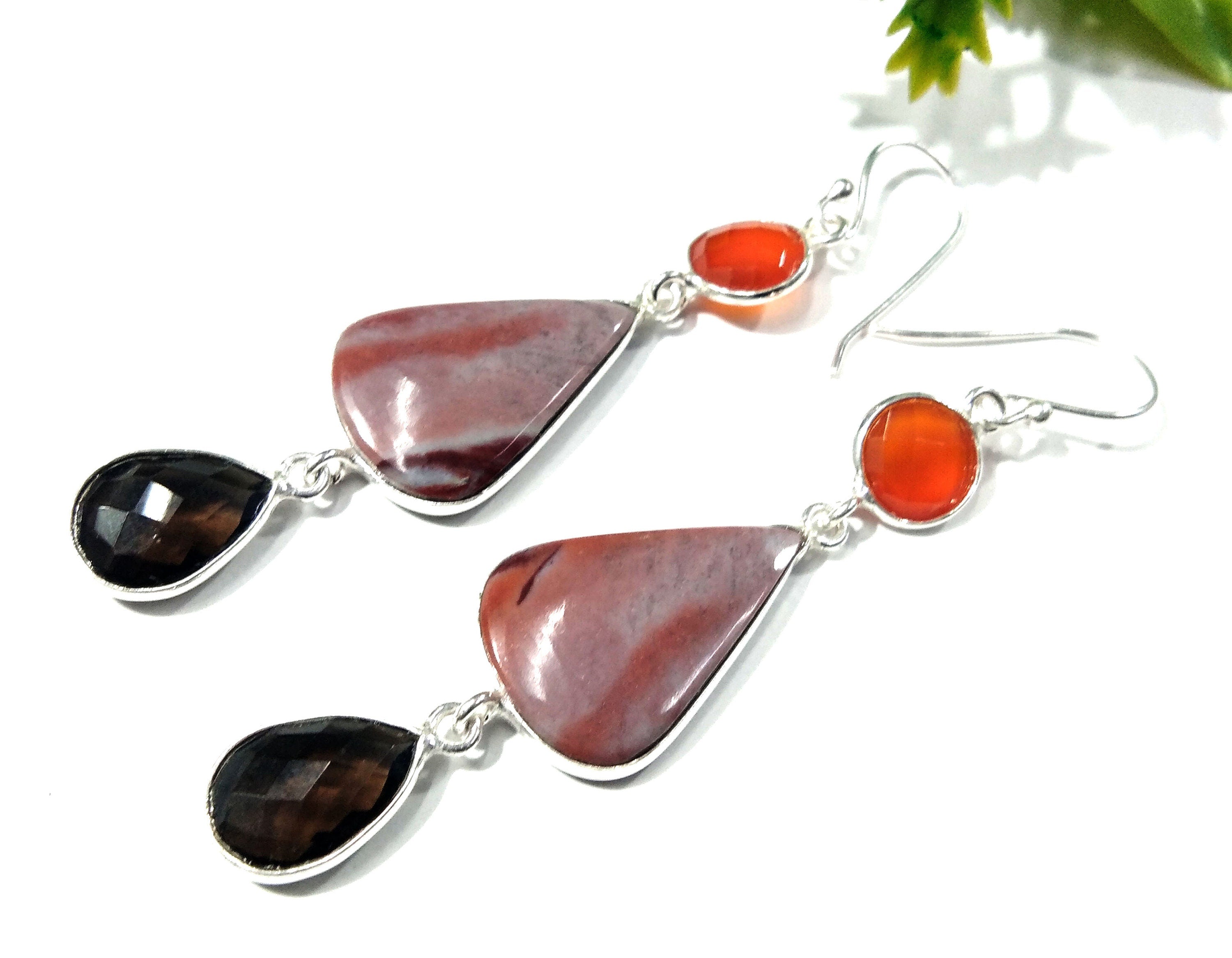 Natural Red Creek Jasper,Smoky Quartz & Carnelian Gemstone Earring, 925 Starling Silver Earring Handmade Jewelry, Gift Earring Jewelry Women
