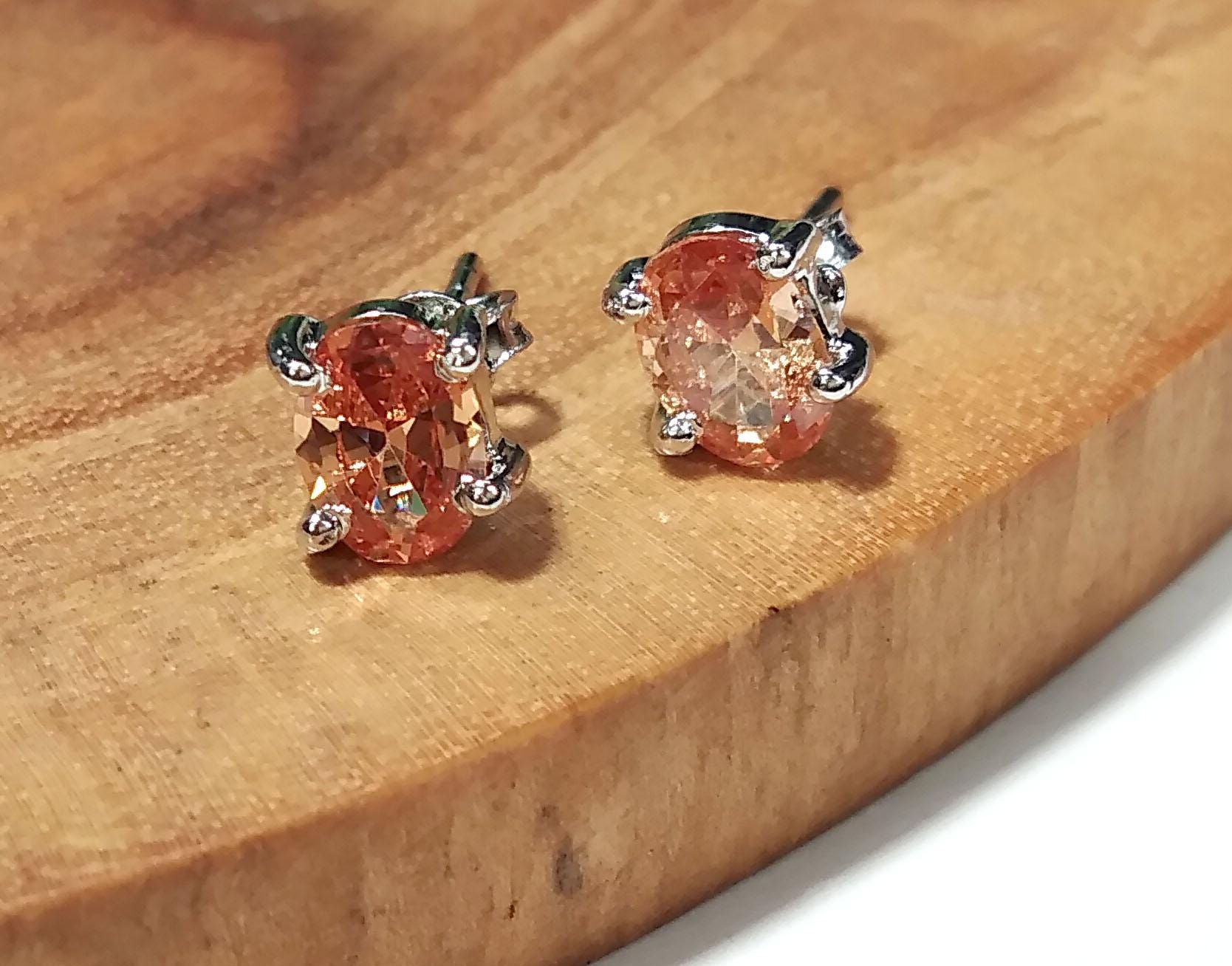 Orange Cubic Zircon Studs Earring, Natural Orange Zircon Oval Shape Studs, Solid 925 Starling Silver Earring, For Gilrs & Women Earrings