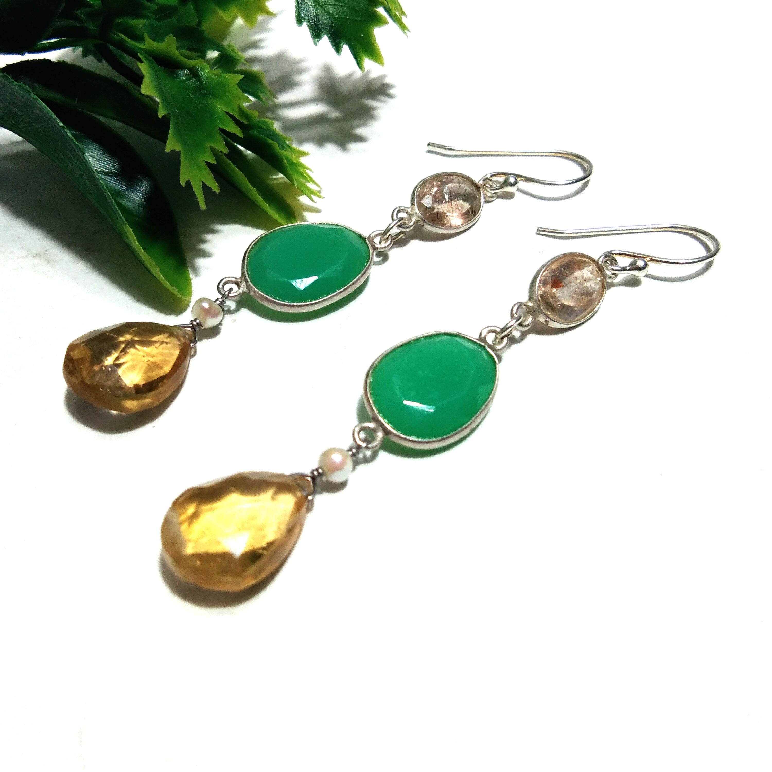 Natural Chrysoprase/Citrine Earring, 925 Solid Starling Silver Earring, Chrysoprase Stone Handmade Jewelry for Gift Women Earring