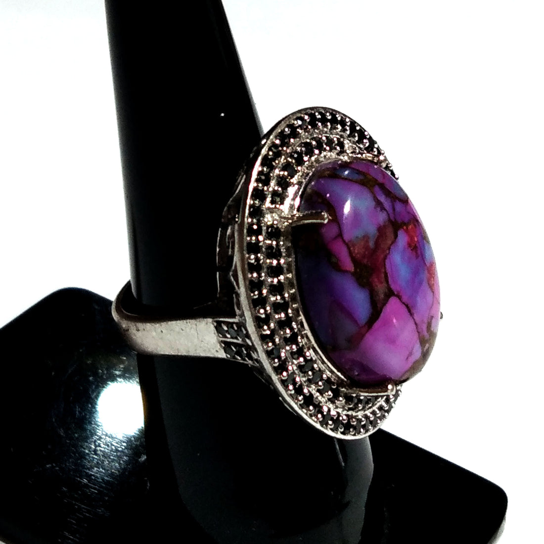 Purple Copper Turquoise and Zircon Ring, Solid 925 Starling Silver Ring, Turquoise Black Zircon Ring Jewelry, Oval Shape For Gift Rings