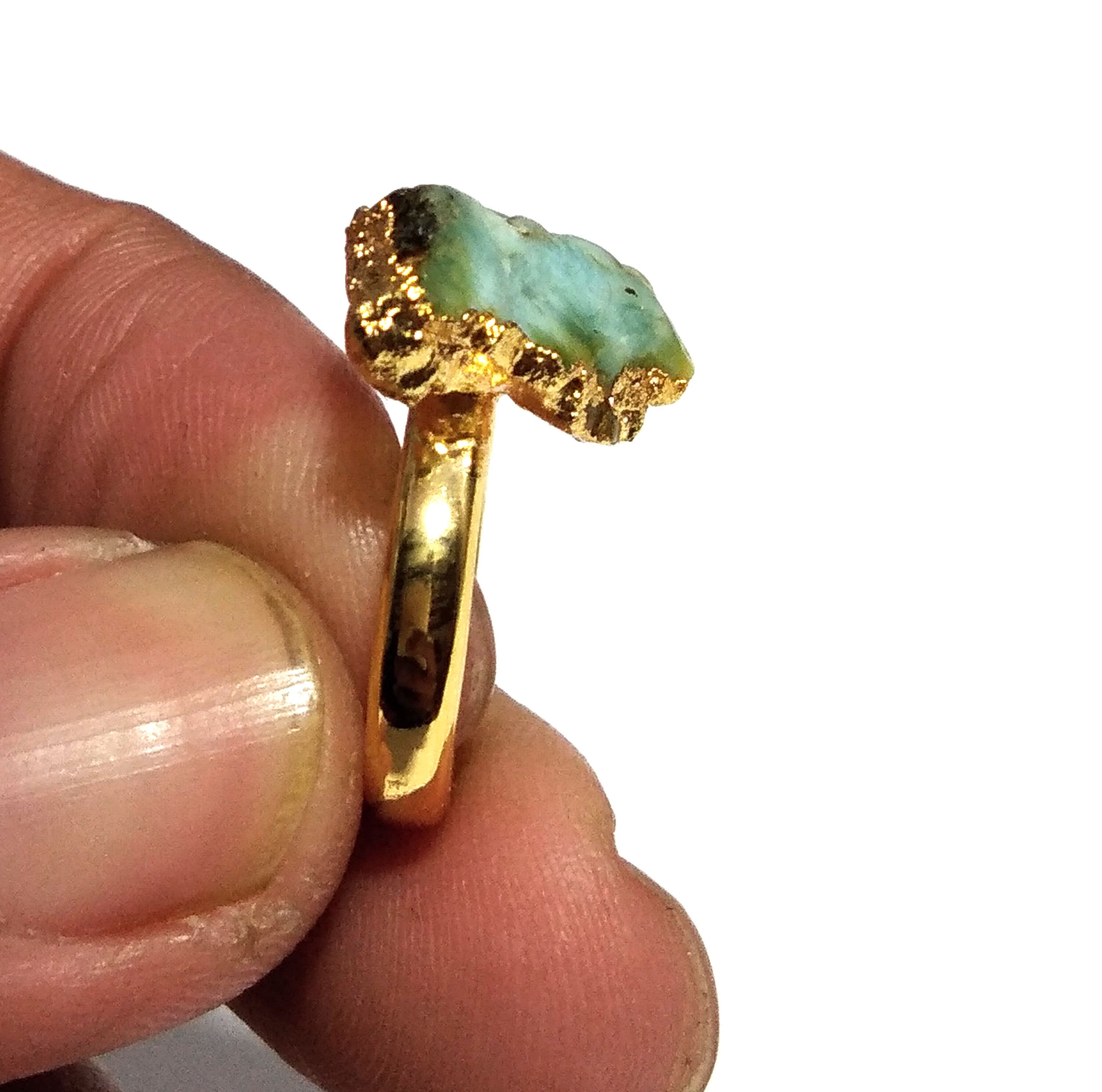 Natural Raw Larimar Rough Stone Ring, 925 Solid Sterling Silver Gold Plated Ring, Larimar Stone Size 12x13 mm Handmade Gift Statement Ring