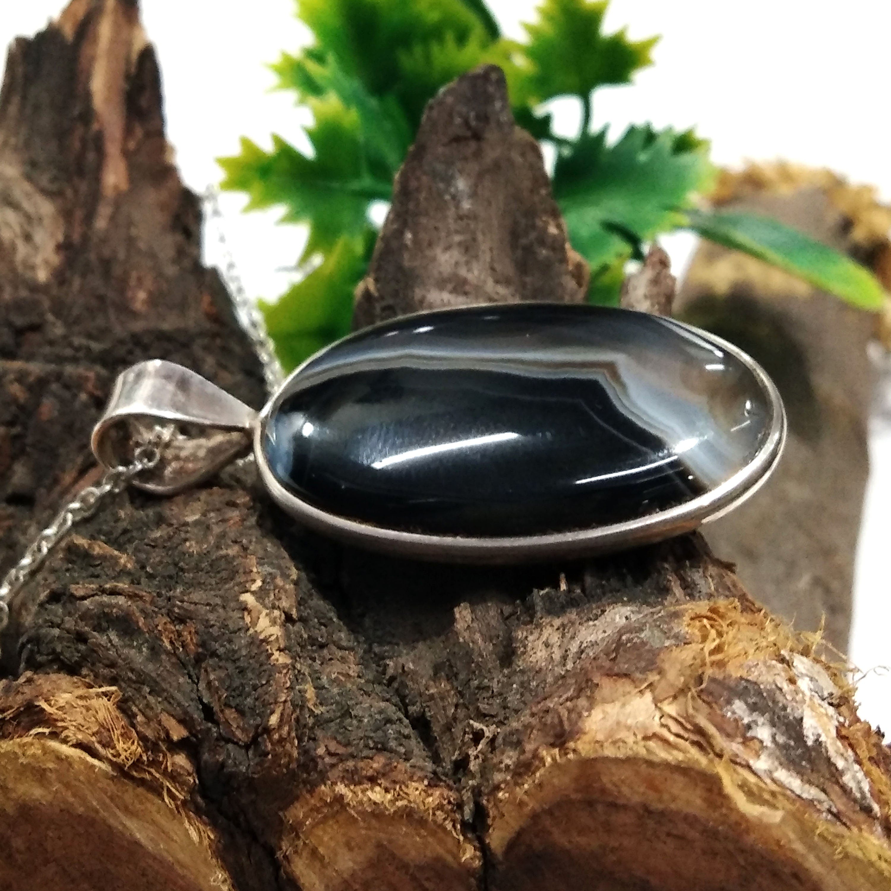 Genuine Black Banded Agate Pendant, 925 Starling Silver Pendant Chain Necklace, Black Banded Agate Gemstone Necklace, Handmade Gift Pendant