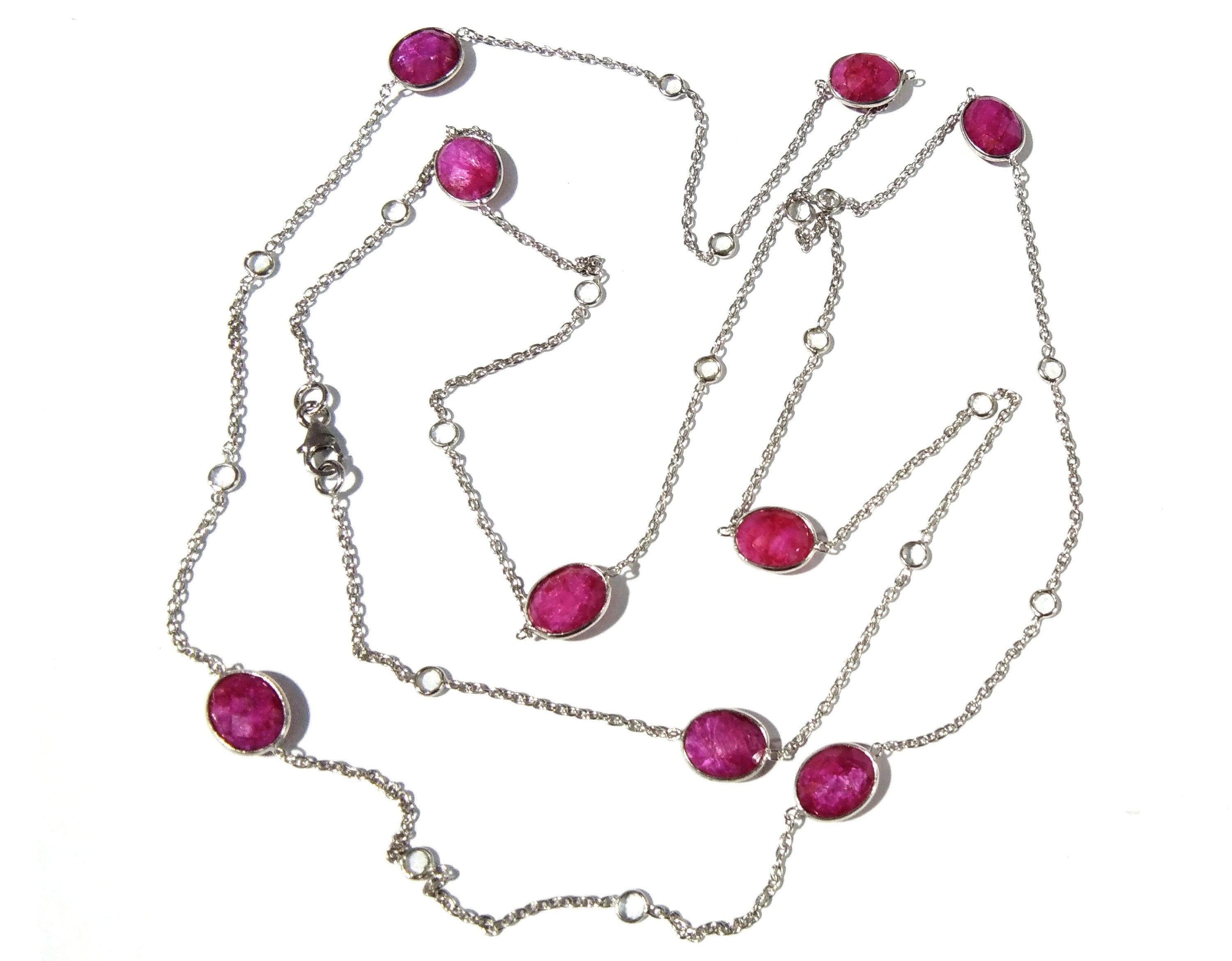 Ruby Necklace in 925 Sterling Silver With Zircon Polky Necklace, Handmade Bezel Necklace 40" Inches Length.
