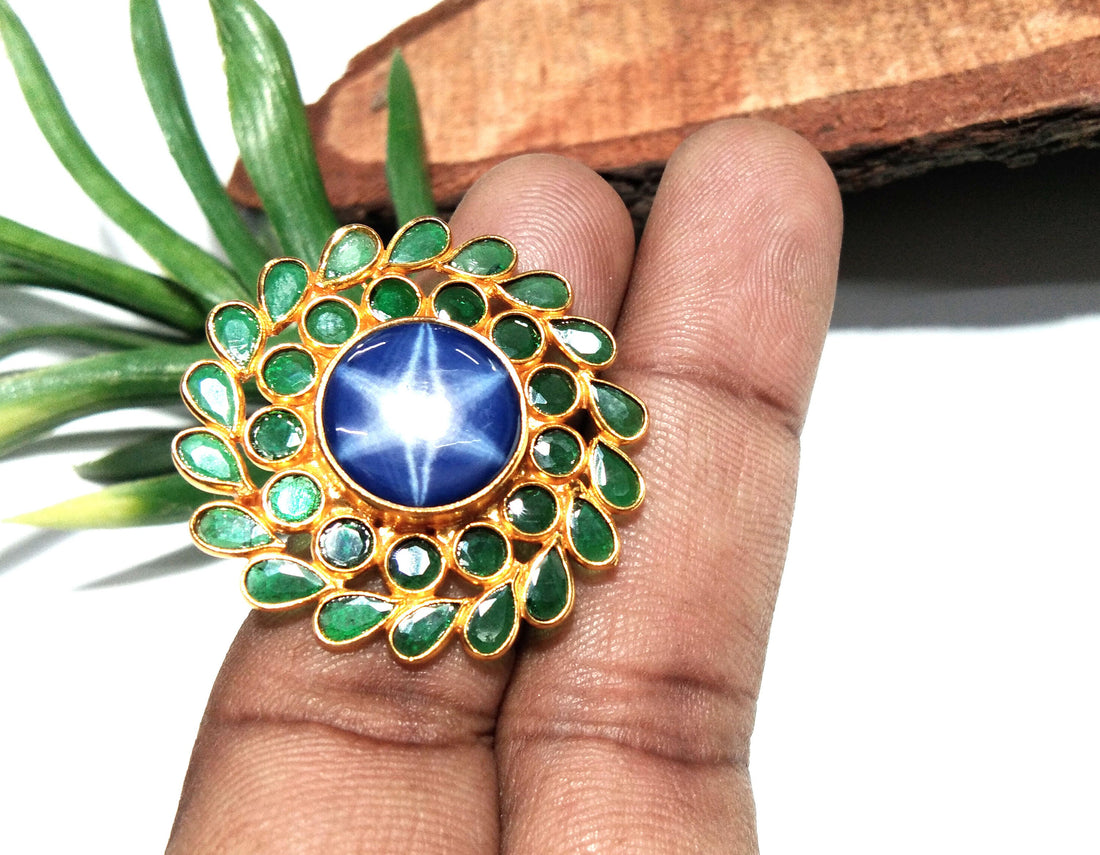 Natural Blue Sapphire Lindy Star & Green Zircon Polki Ring, 925 Silver With Gold Plated Ring, Handmade Jewelry Ring, Gift For Girls/Women