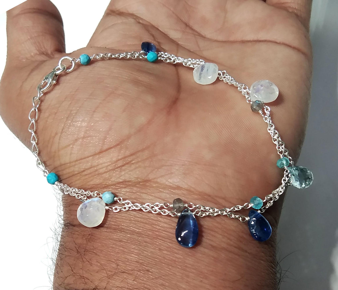 Blue Kyanite/Moonstone Bracelet, 925 Solid Sterling Silver Bracelet, Natural Rainbow Moonstone Adjustable Bracelet, 8 inches Gift Bracelet