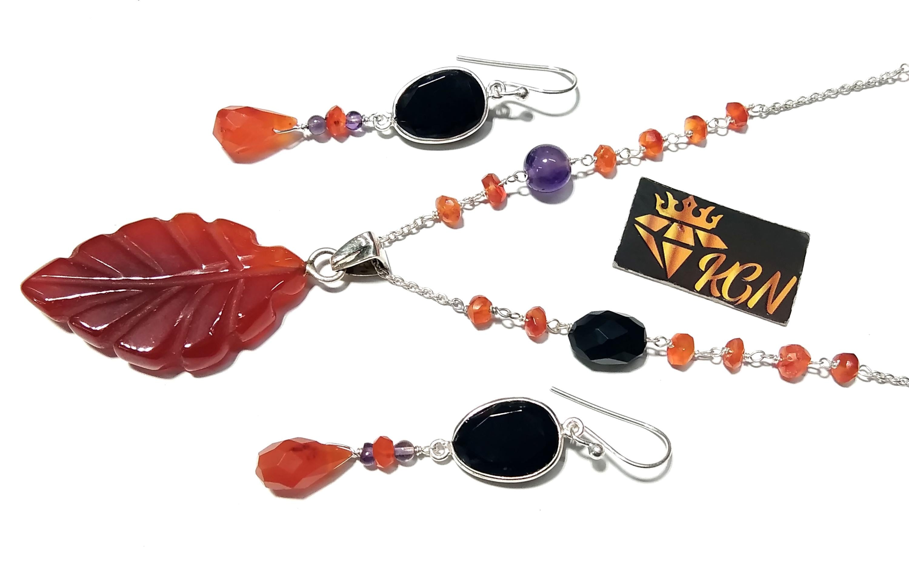 Natural Orange Carnelian/Black Onyx Gemstone Beads Necklace Set Jewelry, 925 Sterling Silver Necklace Beaded Necklace Statement for Jewelry