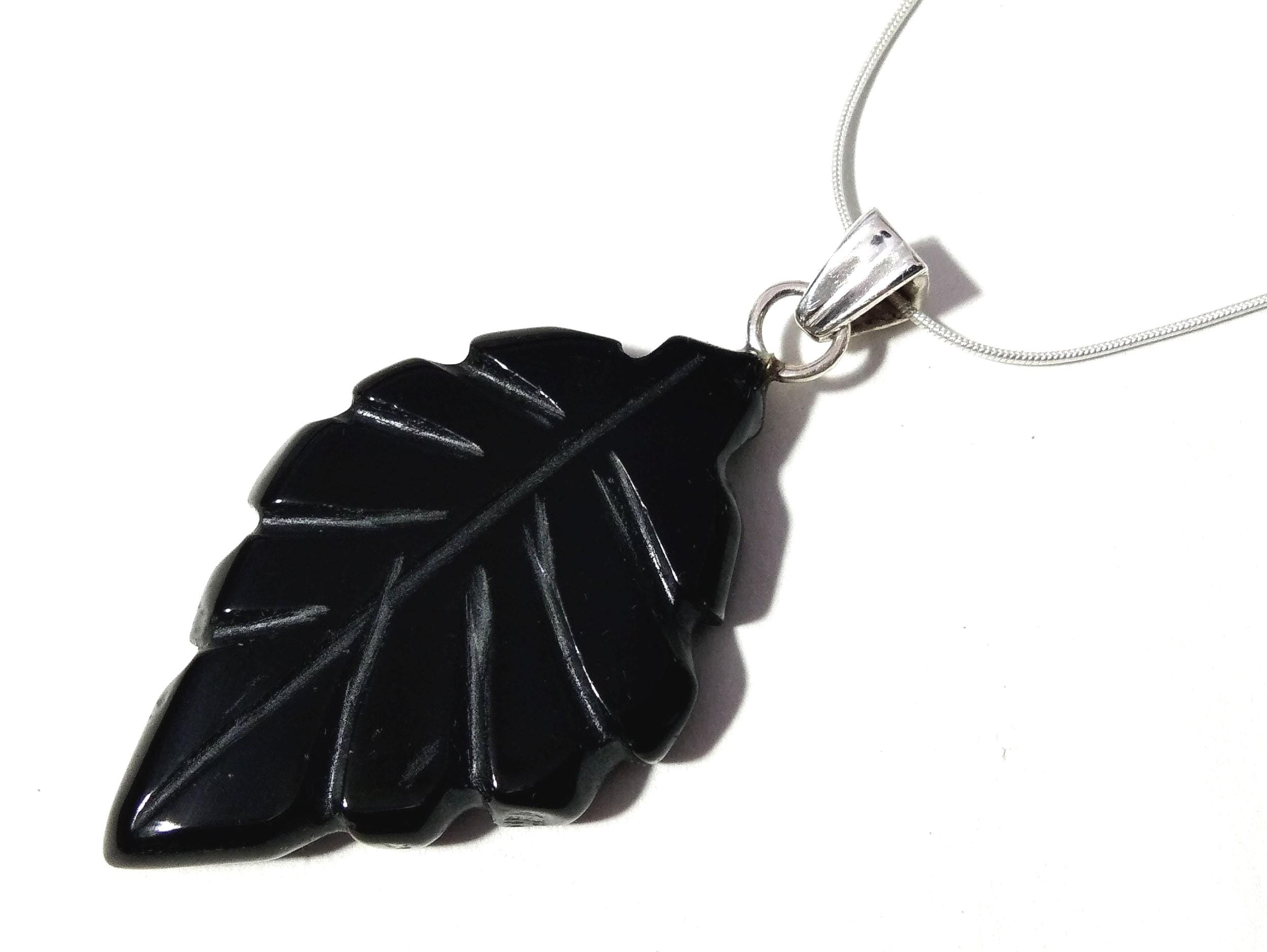 Natural Black Onyx Leaf Carving Pendant, 925 Starling Silver Chain Necklace Pendant, Amazing Genuine Necklace Jewelry For Girls & Women Gift