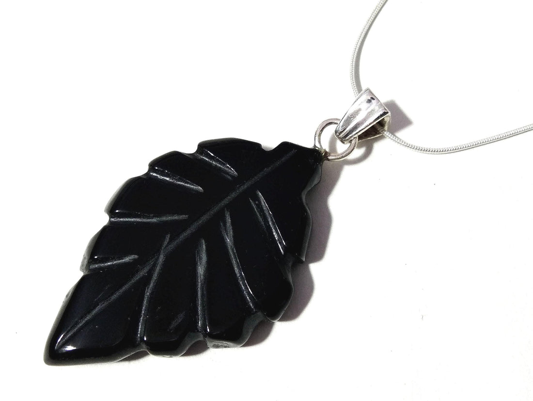 Natural Black Onyx Leaf Carving Pendant, 925 Starling Silver Chain Necklace Pendant, Amazing Genuine Necklace Jewelry For Girls & Women Gift