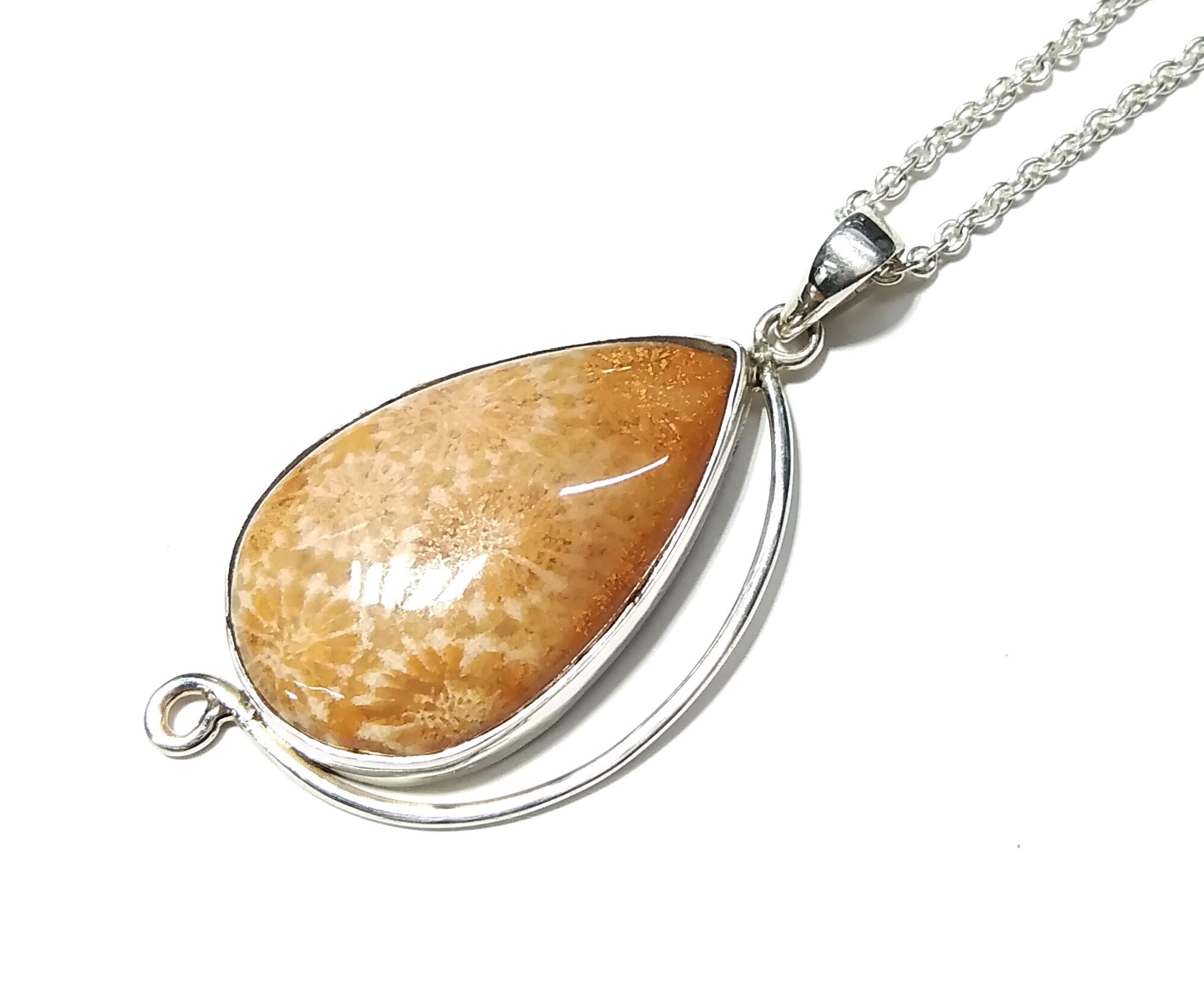 Good Quality Nature Fossil Coral Gemstone Pendant Chain Necklace With 925 Sterling Silver Pendant, Stylish Design Pendant, For Girls & Women