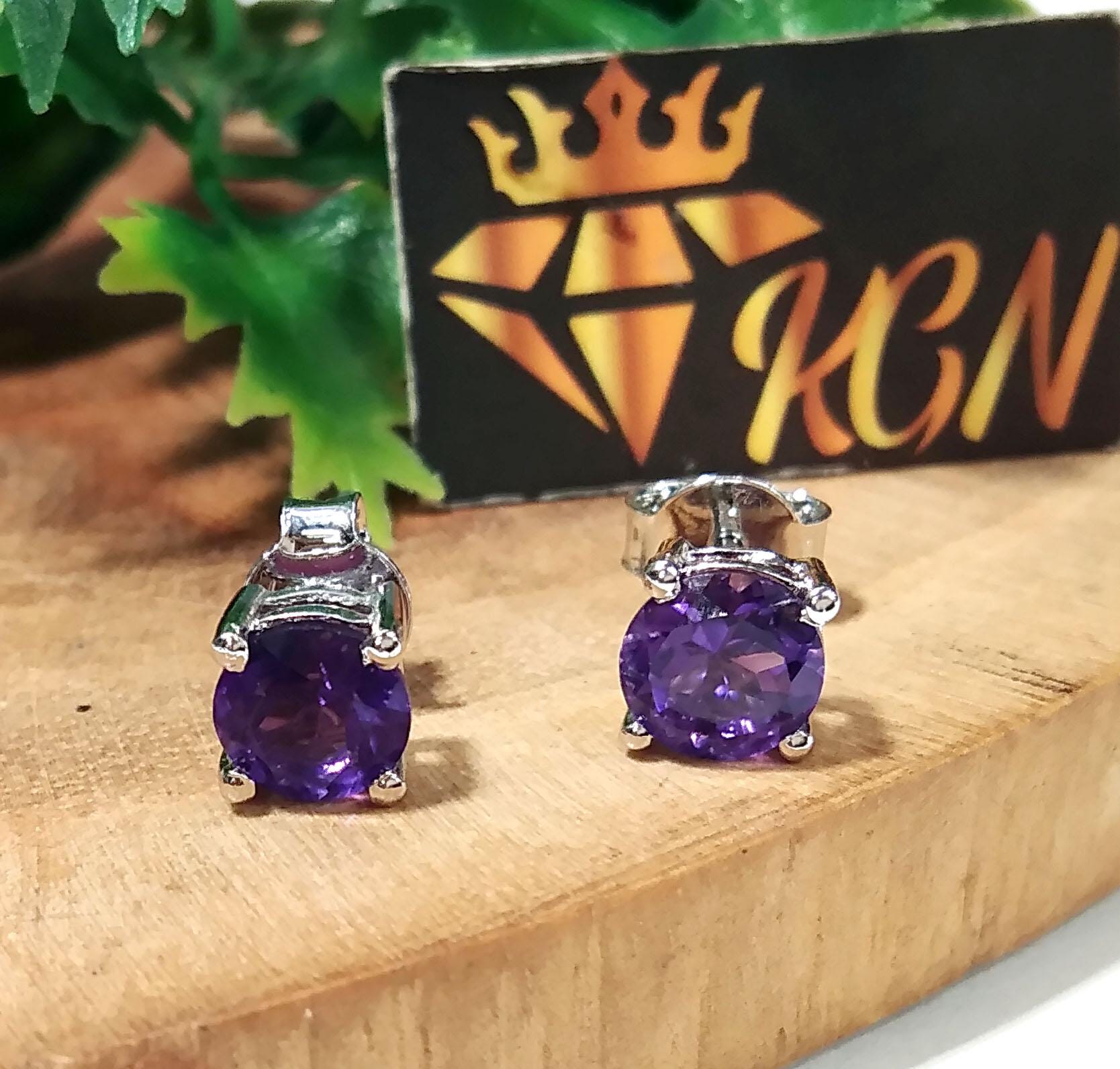 Amethyst Stud Earrings, 925 Solid Starling Silver Earring Jewelry, Natural Amethyst Gemstone Round Shape Stone Size 6x6 mm Gift For Women.