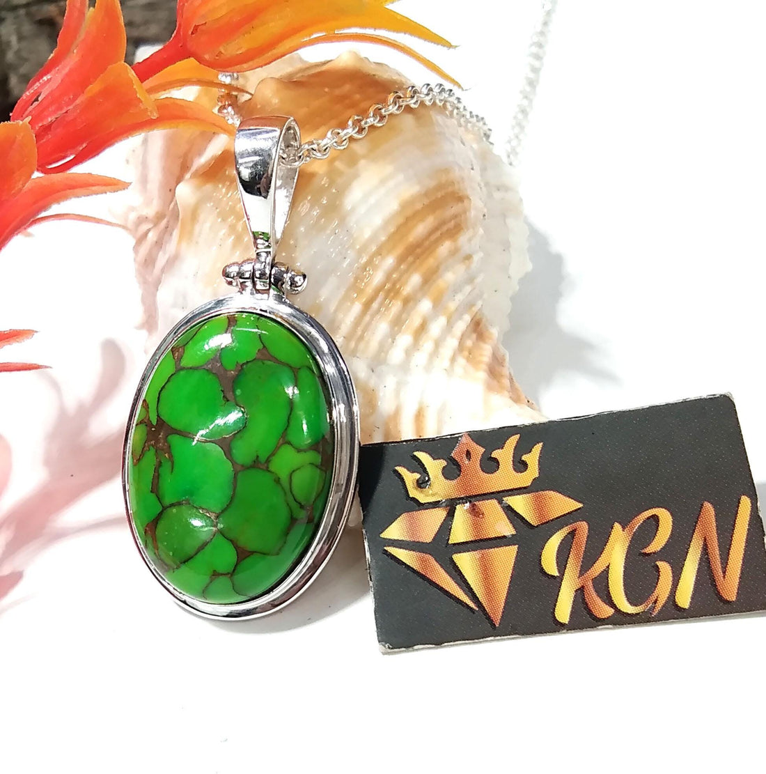 Natural Green Copper Turquoise Pendant Chain Necklace, 925 Starling Silver Pendant, Nice Green Color Pendant, Gift Wedding Pendant Jewelry
