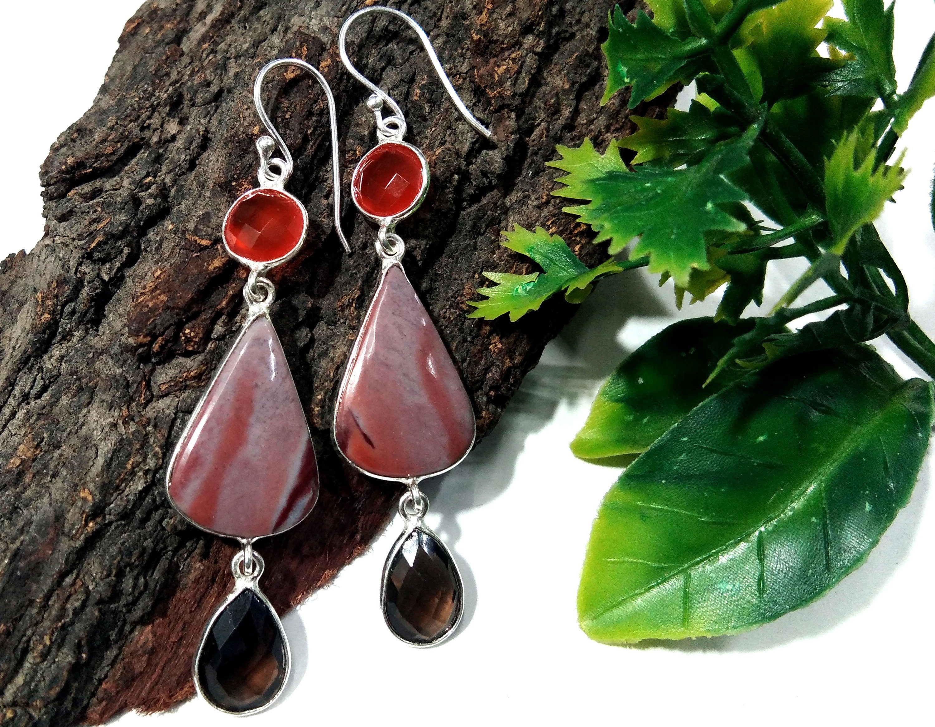 Natural Red Creek Jasper,Smoky Quartz & Carnelian Gemstone Earring, 925 Starling Silver Earring Handmade Jewelry, Gift Earring Jewelry Women
