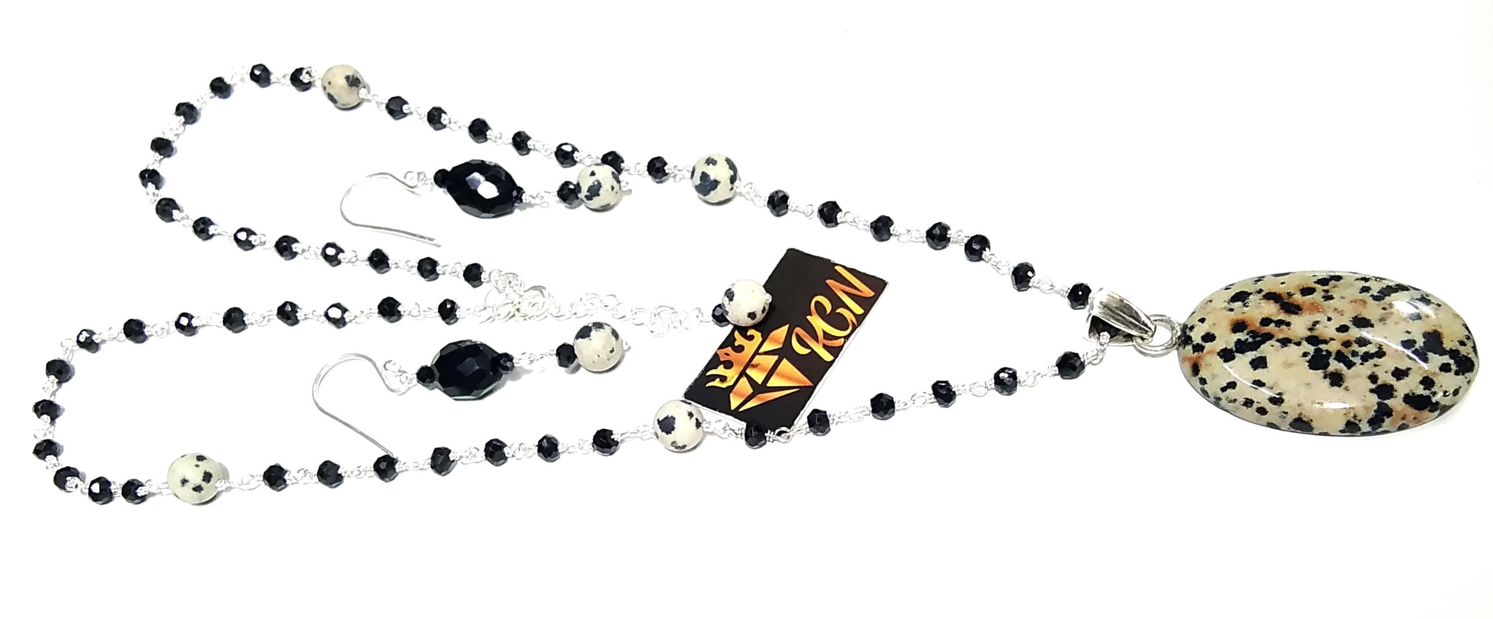 Natural Dalmatian Jasper/Black Onyx Necklace Earring Jewelry Set, 925 Sterling Silver Necklace Gemstone Necklace Statement For Gift Jewelry