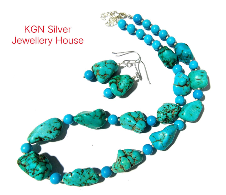 Natural Turquoise Rough Stone Necklace, Top Color Blue Turquoise Necklace, 925 Starling Silver Jewelry Necklace Stone Size 21x13mm to 6x6mm