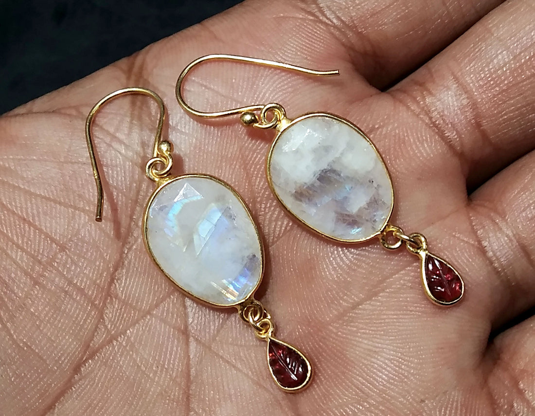 Natural Rainbow Moonstone & Garnet Carving Earring, 925 Starling Silver With Gold Plated Earring, Stone Size 15x12 mm Gift Birthday Earring