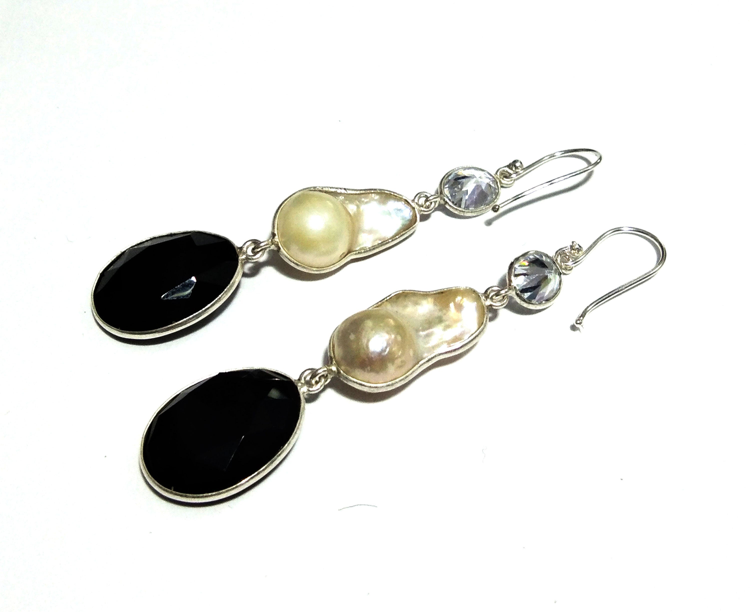 Fresh Water Baroque Pearl/Black Onyx/Topaz Stone Drop Earring, 925 Solid Starling Silver Earring, White Pearl Gemstone Wedding Earring